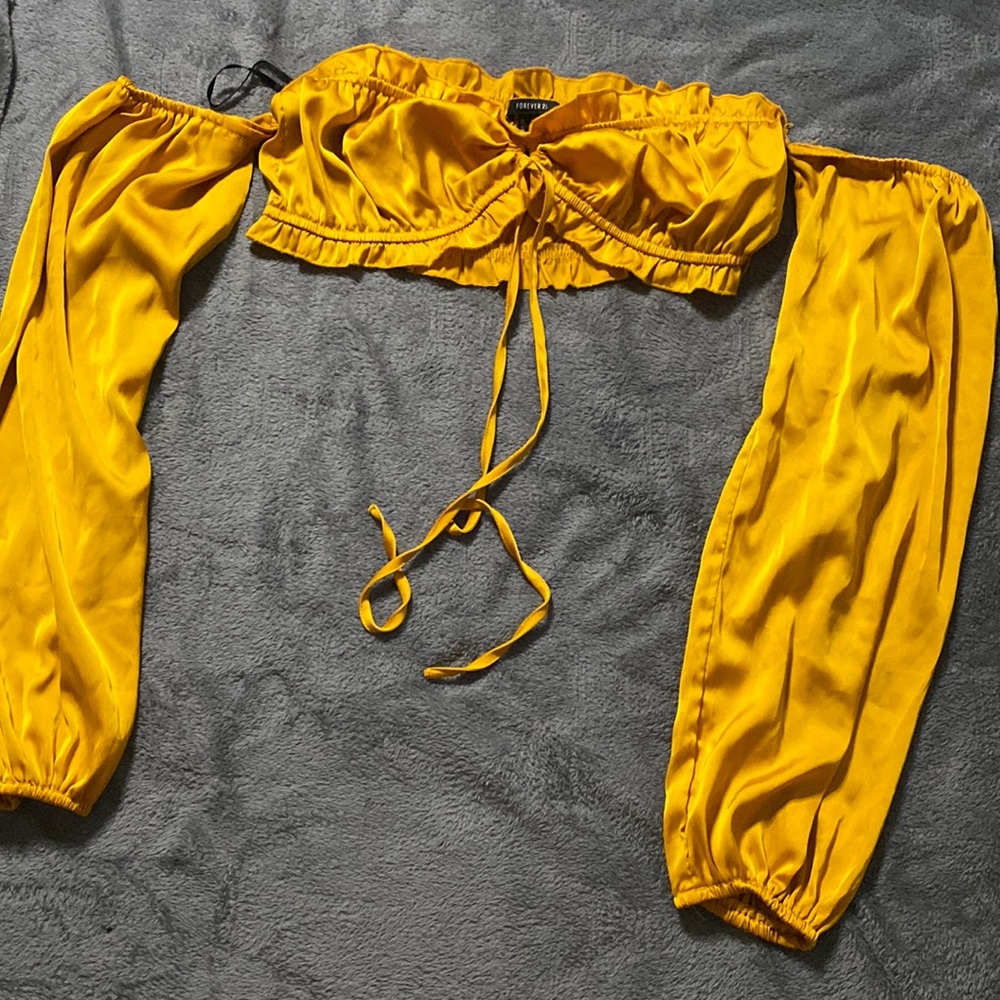 Forever 21 Gold Satin Off the Shoulder Crop Top